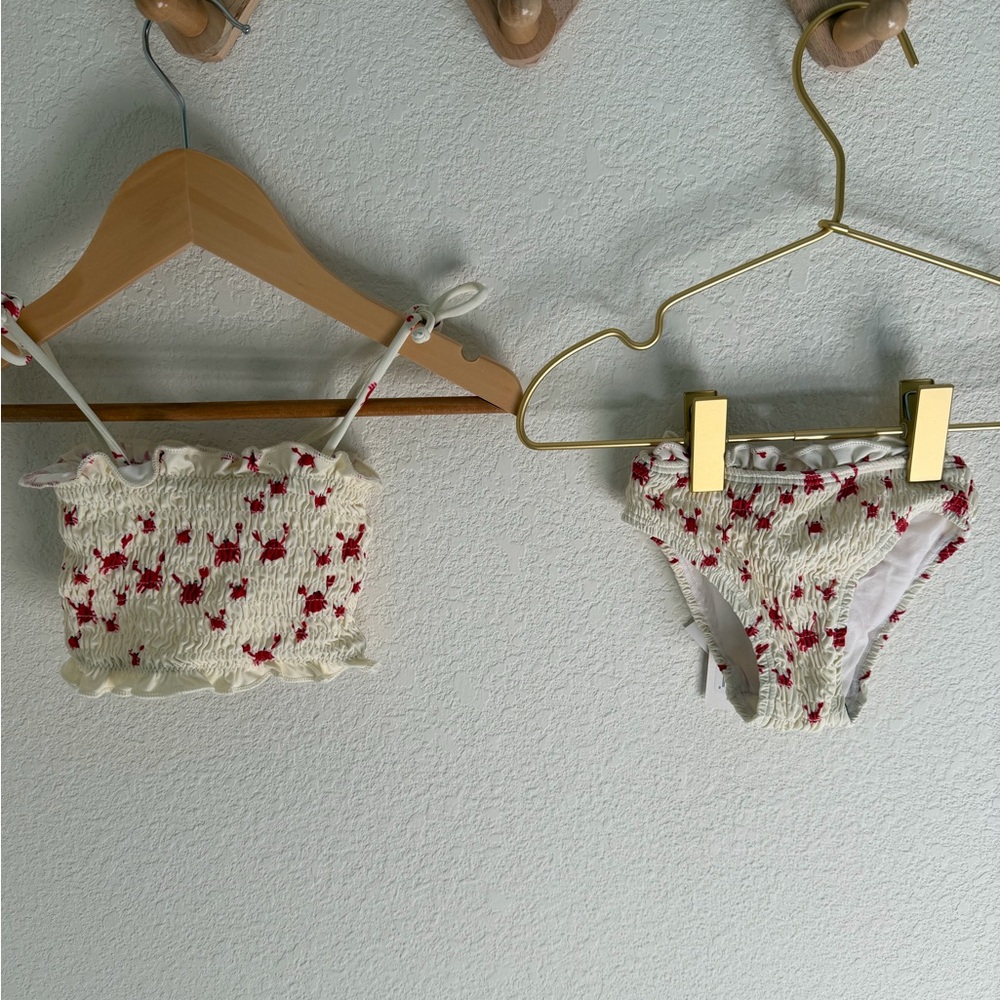 Girls White Smocked Floral Bikini Set with Red Accents